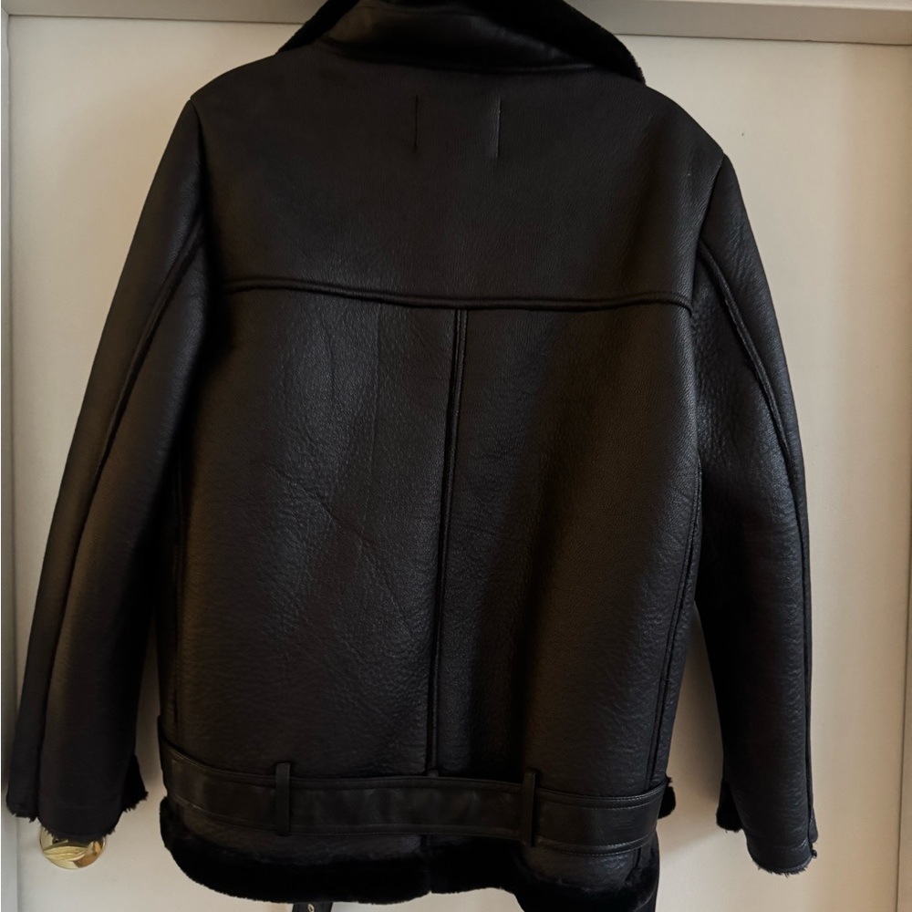 Women’s L Zara Black Faux Leather Bomber Jacket - Picture 3 of 6